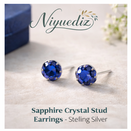 Niyuediz™ Sapphire Crystal Stud Earrings - Sterling Silver, sapphire stud earrings, crystal earrings, sterling silver earrings, blue jewelry, women’s accessories