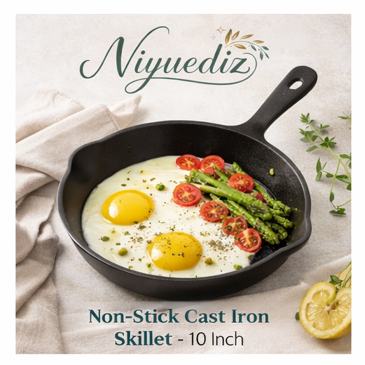 Niyuediz™ Non-Stick Cast Iron Skillet - 10 Inch, non-stick skillet, cast iron, frying pan, cooking essentials, kitchen cookware