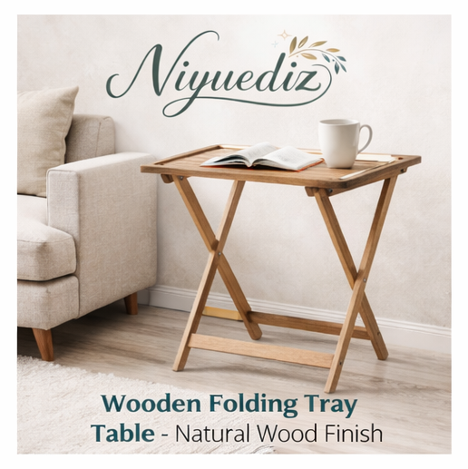 Niyuediz™ Wooden Folding Tray Table - Natural Wood Finish, folding tray table, portable table, wooden table, home office furniture, compact furniture